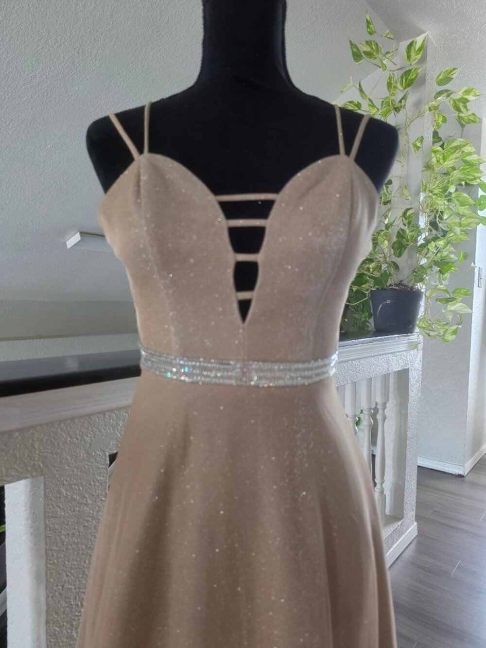 CITY TRIANGLES Gold Glitter Formal Gown W/Strappy Bodice & Rhinestone Waist - Picture 4 of 14
